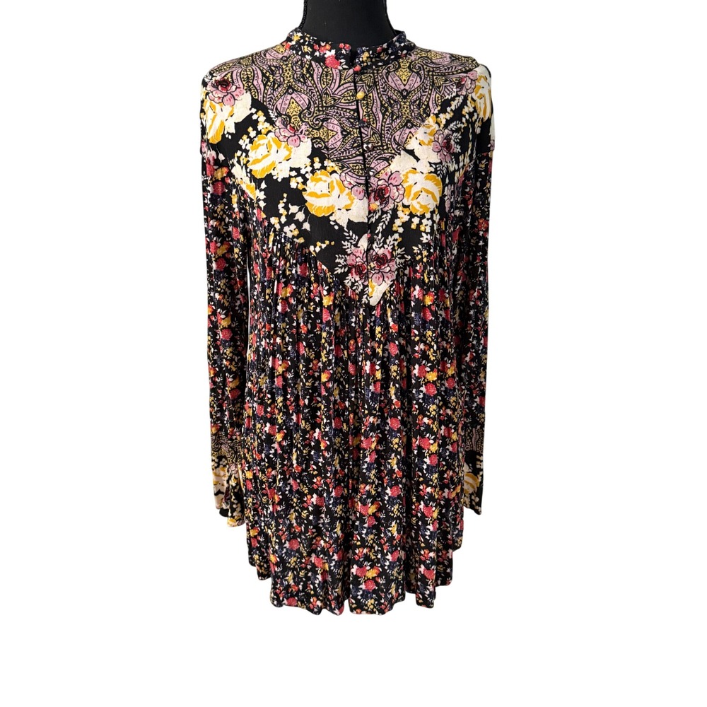 Free People Floral Paisley Mixed Print Tunic Top Bell Sleeve Boho Indie SZ Small